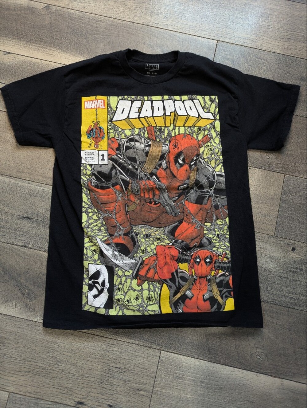 Marvel Deadpool Comic Panel Black Tee with Red and Yellow Artwork
